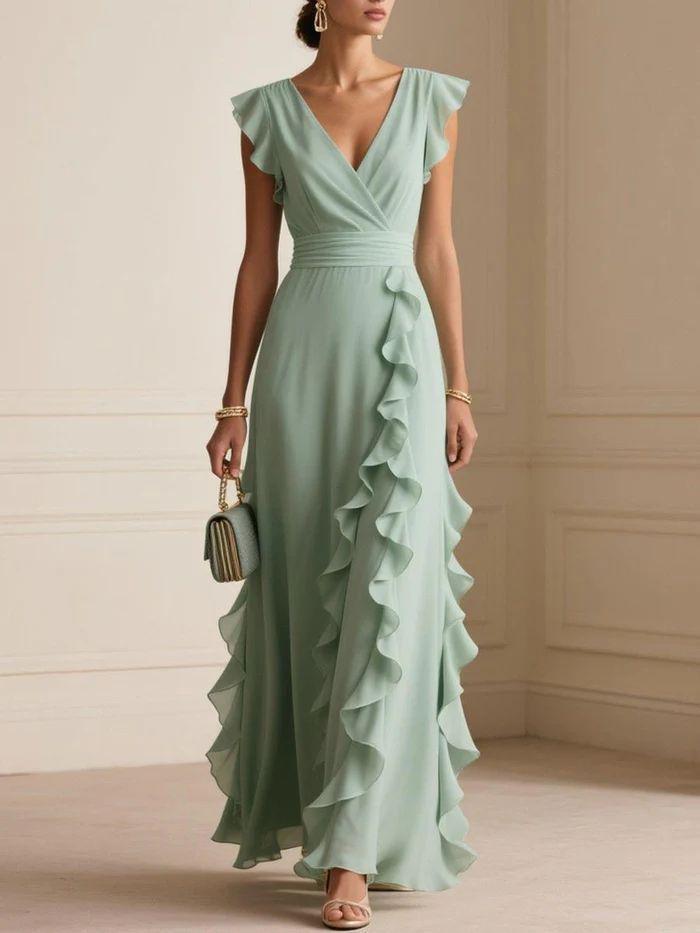 Solid Pleated Short Sleeve V-Neck Long Dress