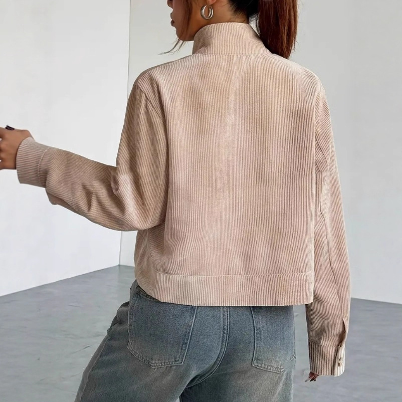 Corduroy Women's Jacket with Drop Shoulder and Lapel Collar