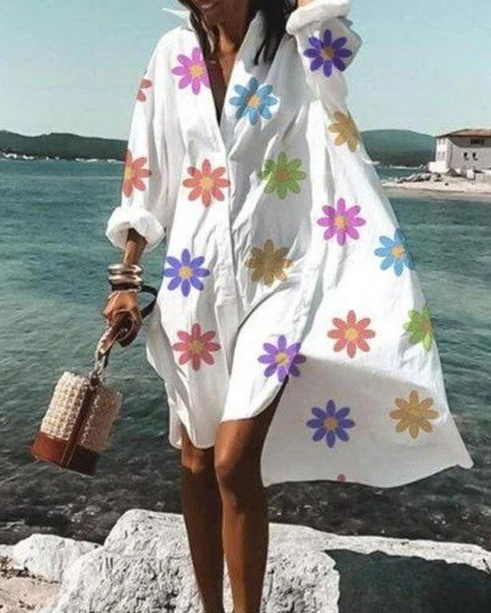 Women's Loose Digital Print Long Sleeve Collared Shirt Dress