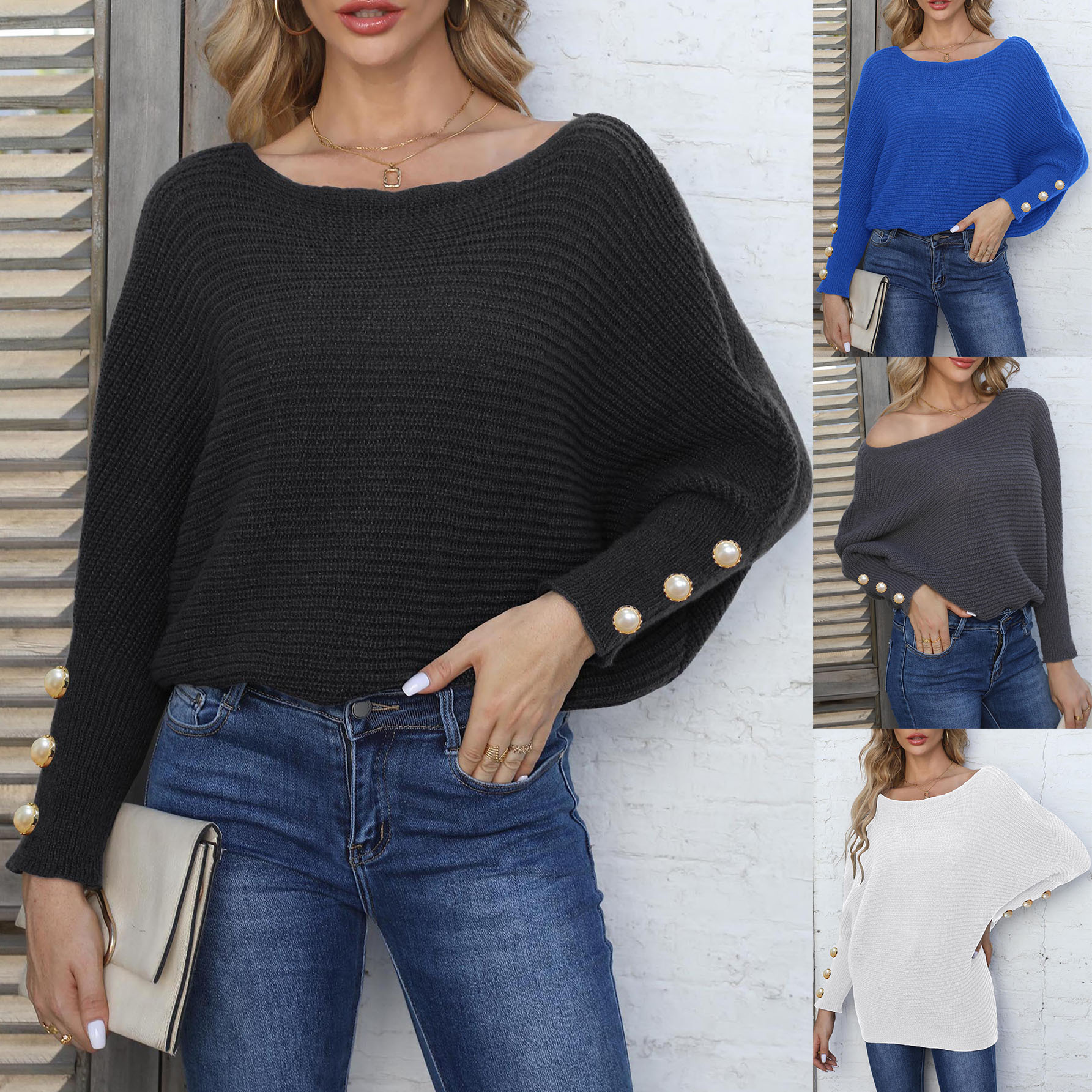 Women's Pearl Button Batwing Sleeve Off-Shoulder Knit Sweater