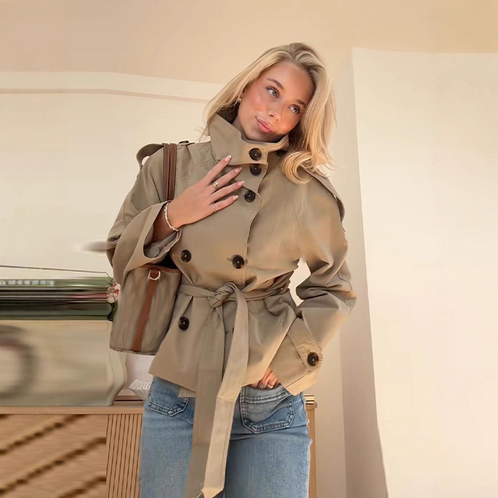 Women's Double-Breasted Belted Trench Coat with Stand Collar