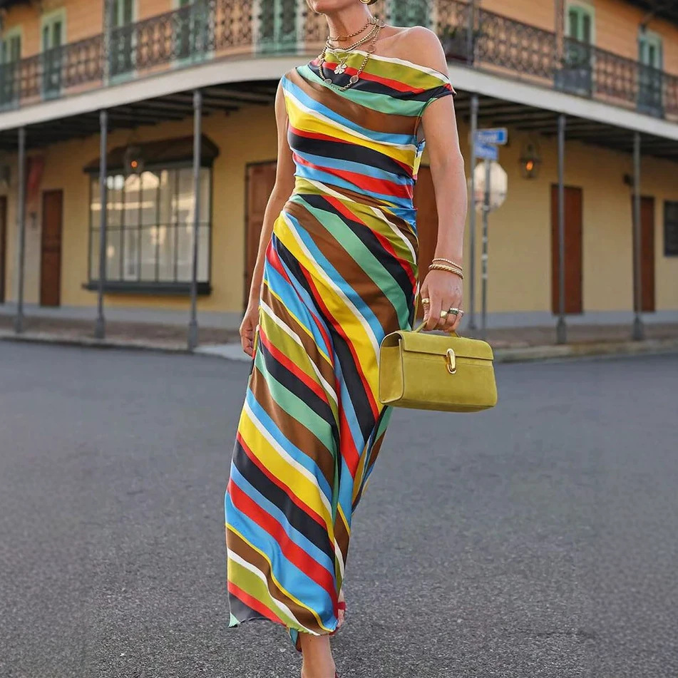 Color-Block Striped One-Shoulder Sleeveless Long Dress