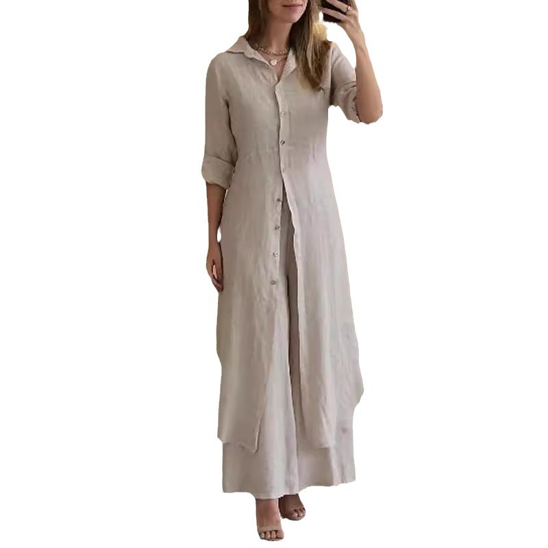 Urban Elegant Cotton-Linen Slim Waist Long Shirt & Wide-Leg Pants Set