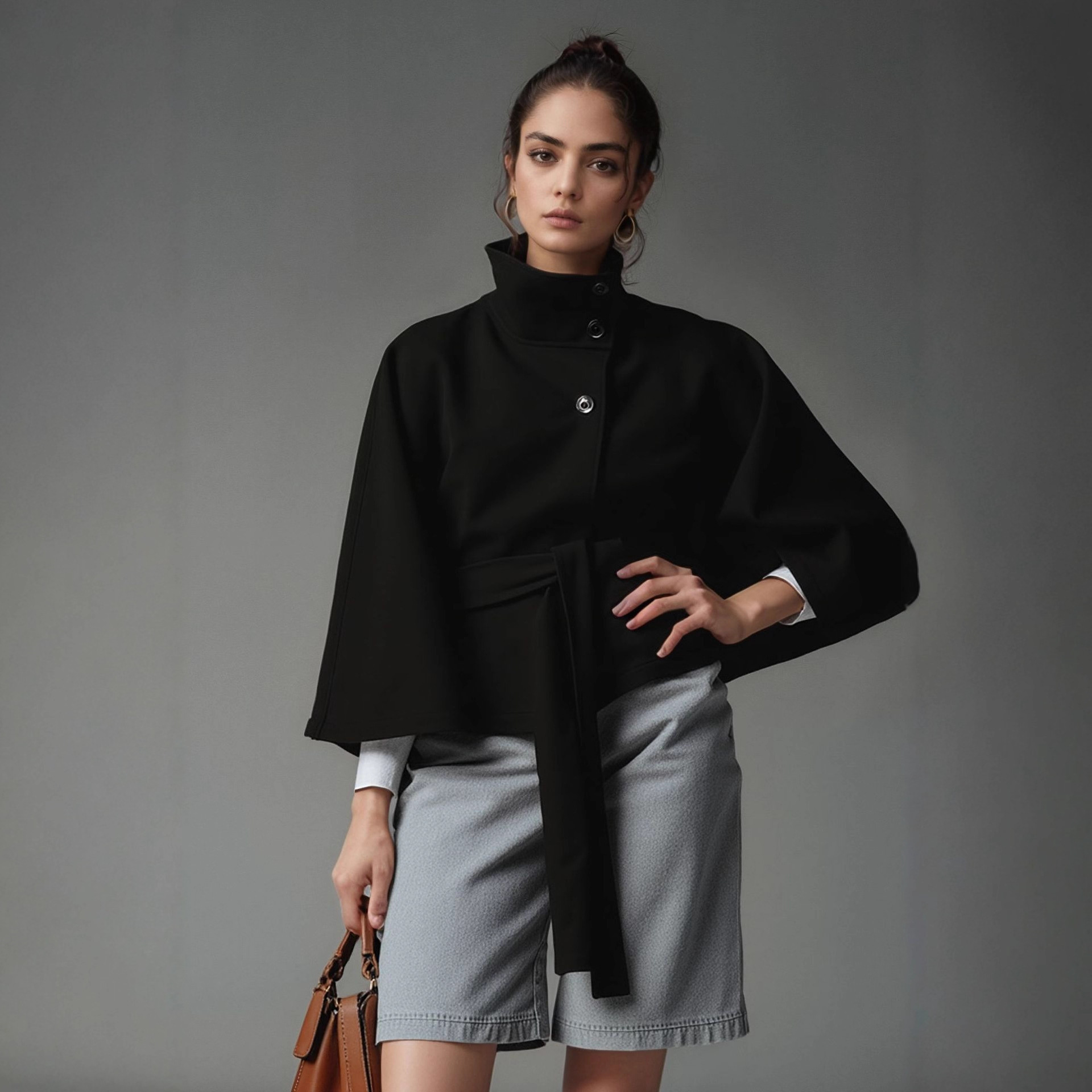 Women's Solid Color Wool-Blend Cape Coat with Stand Collar and Belt