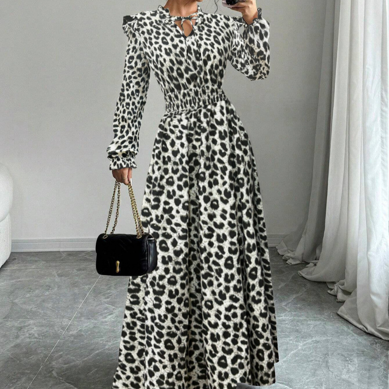 Floral Print Long Sleeve A-Line Maxi Dress with High Waist