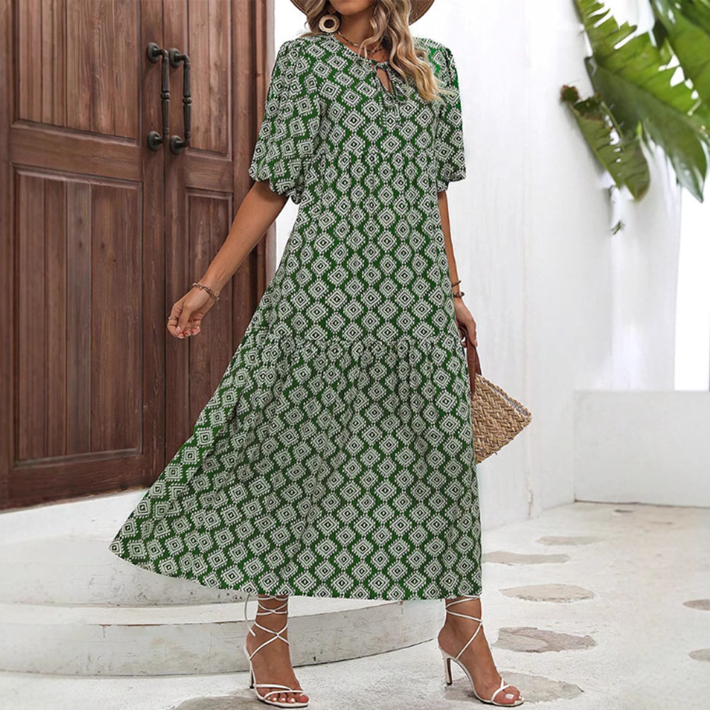 Floral Print Loose-Fit Maxi Dress with Short Sleeves and High Waist