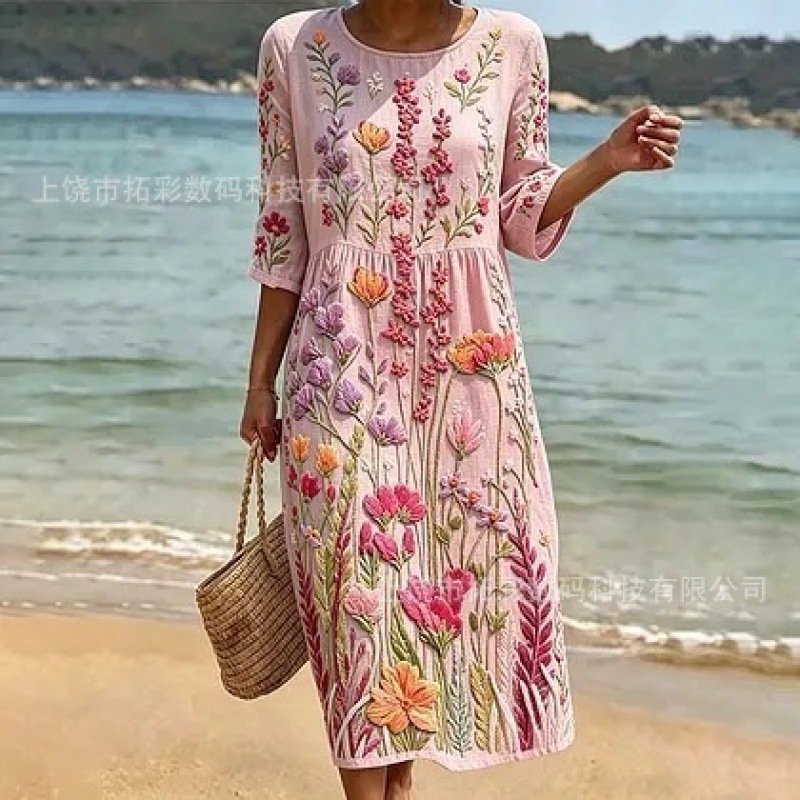 Women's Midi A-Line Dress with Side Pockets, Round Neck, Long Sleeves, Loose Fit, 3D Print, Beach Vacation