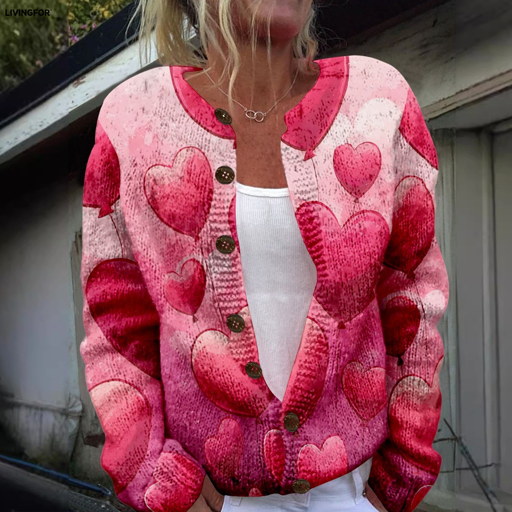 Women's Heart & Flower Print Button Cardigan Sweater