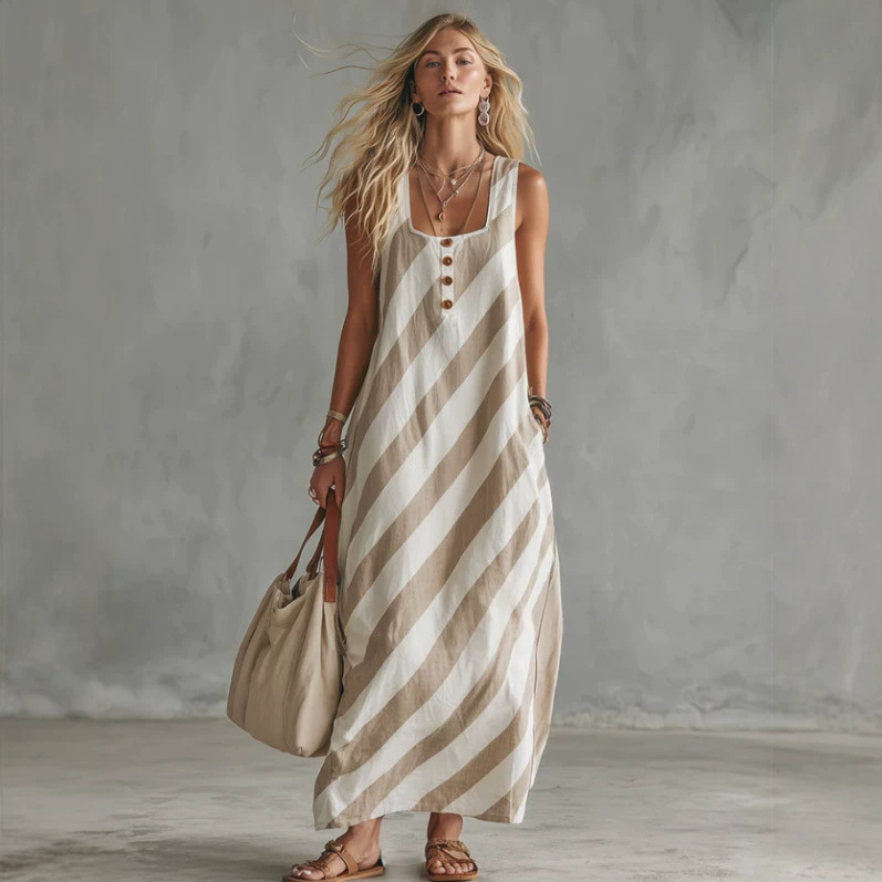 Retro Beige Diagonal Stripe Print Long Dress Square Neck Sleeveless