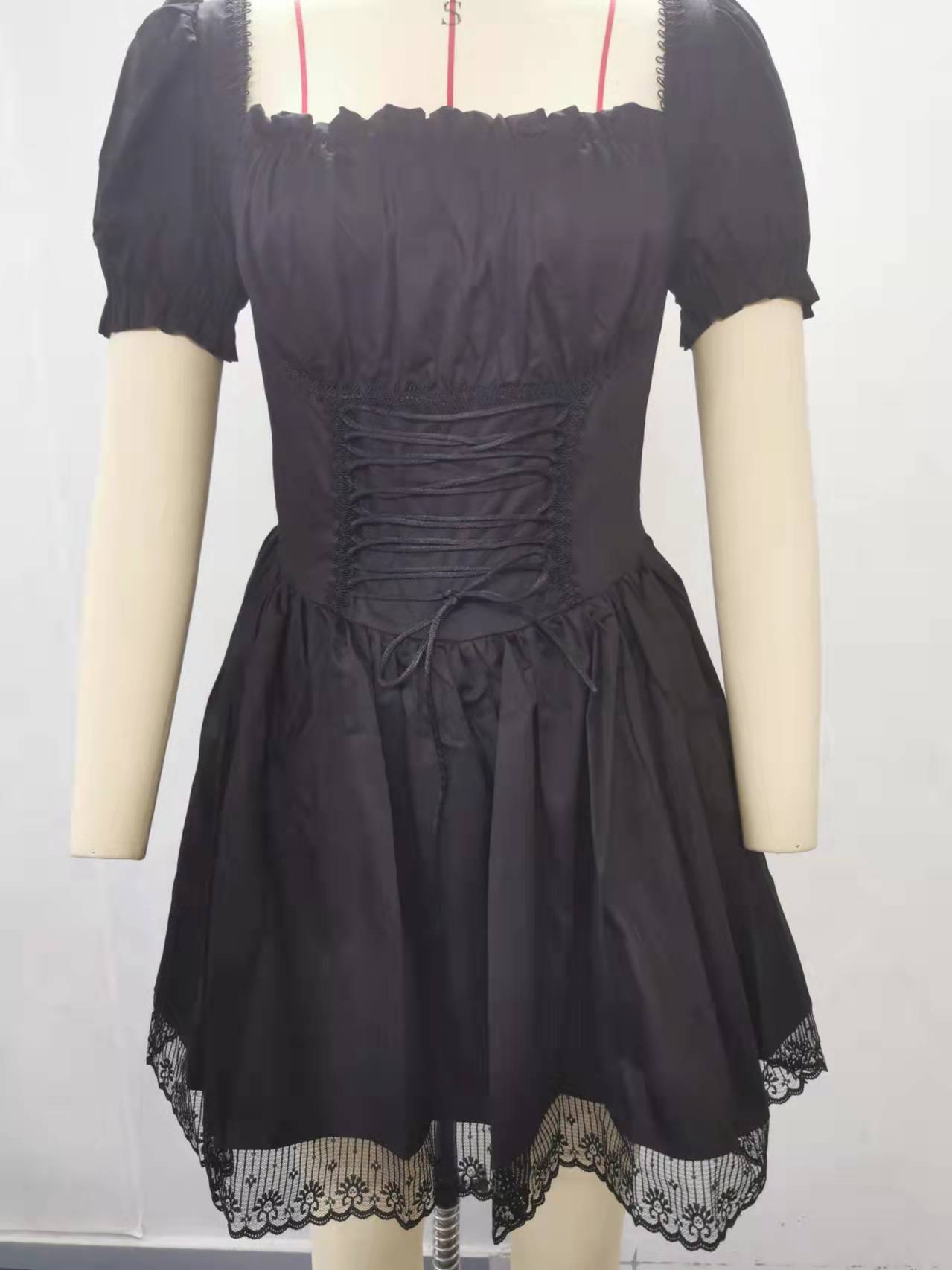 Lace Trim Solid Color Sweet Puff Sleeve Princess Dress