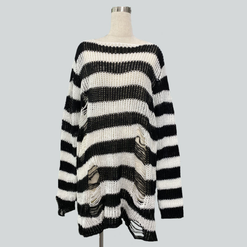 Mohair-Blend Striped Oversized Pullover Sweater Women's Mid-Length Knit