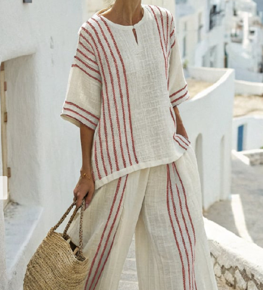 Striped Print Color-Block Mid-Sleeve Round Neck Top and Straight Pants Casual Set