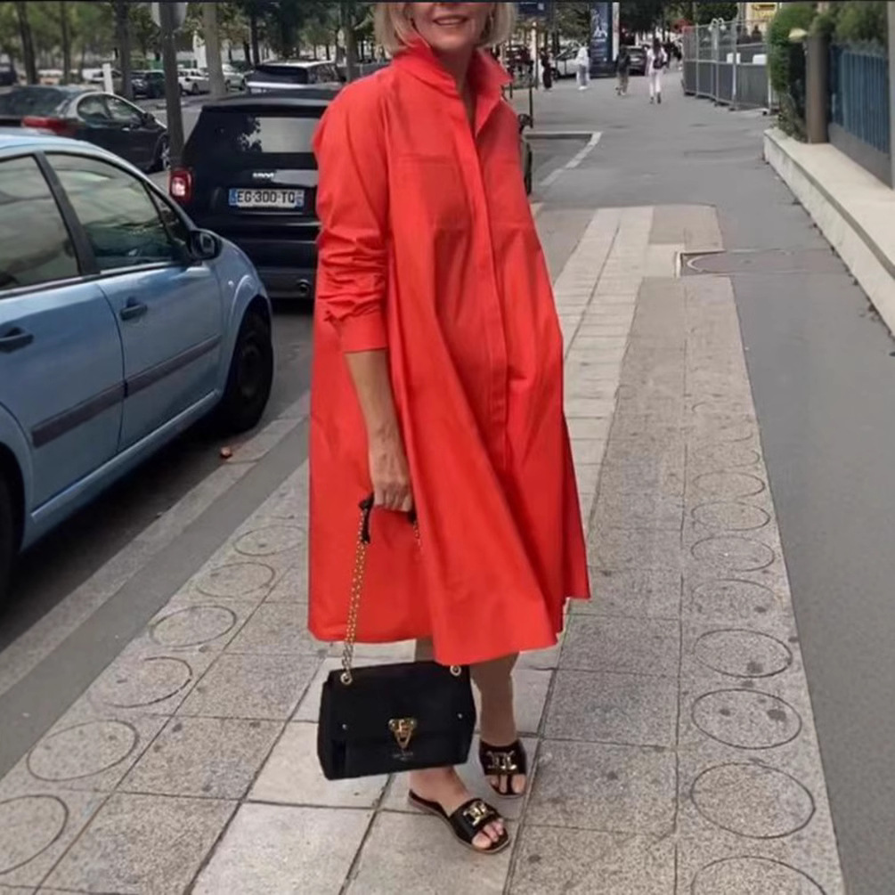 Women's Casual Solid Color Long Sleeve Shirt Dress