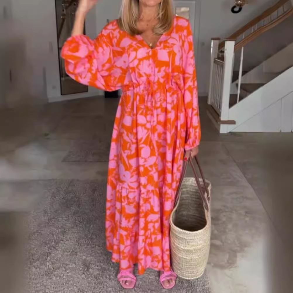 Women's Printed V-Neck Long Sleeve Loose Casual Dress