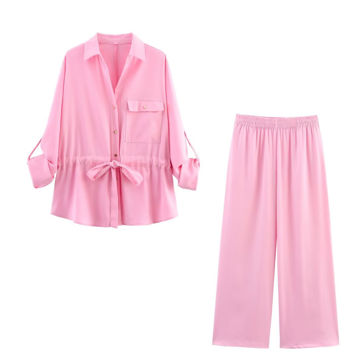 Women's Two-Tone Collared Long-Sleeve Shirt and Pants Set