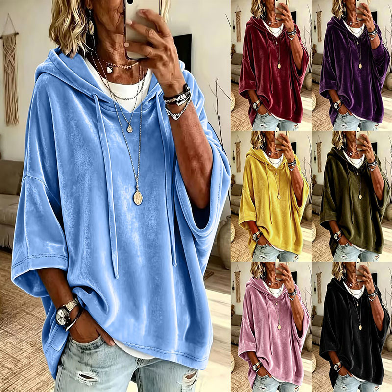 Women's Solid Velvet Hooded Sweatshirt