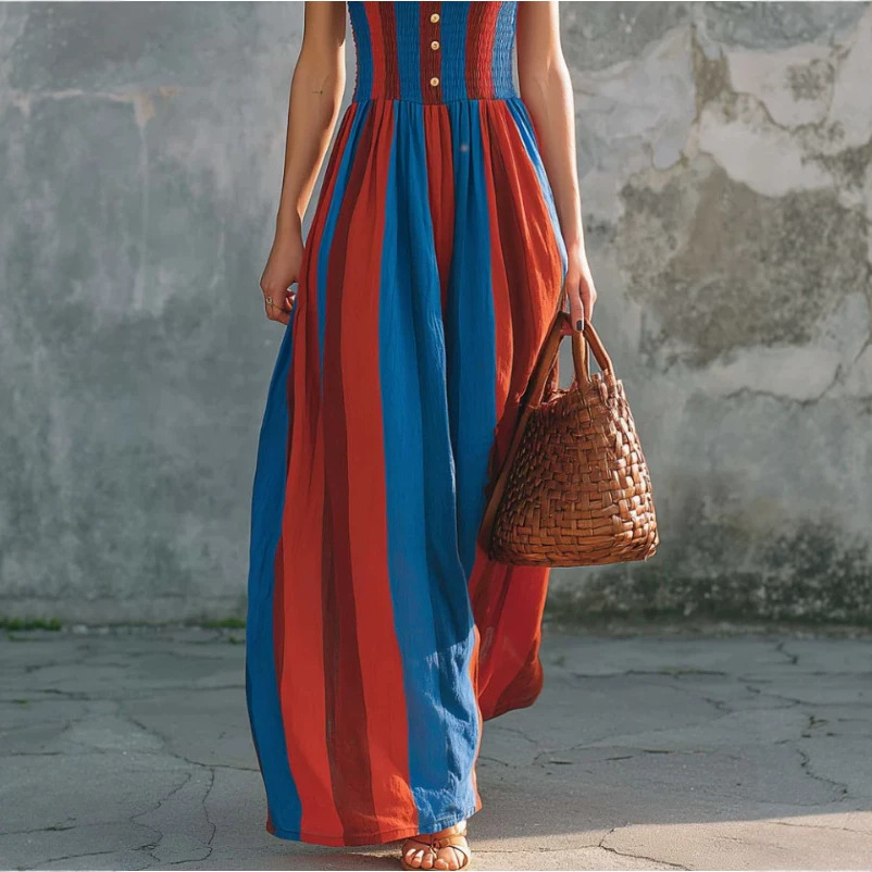 Mediterranean Striped Sleeveless Square Neck A-Line Maxi Dress