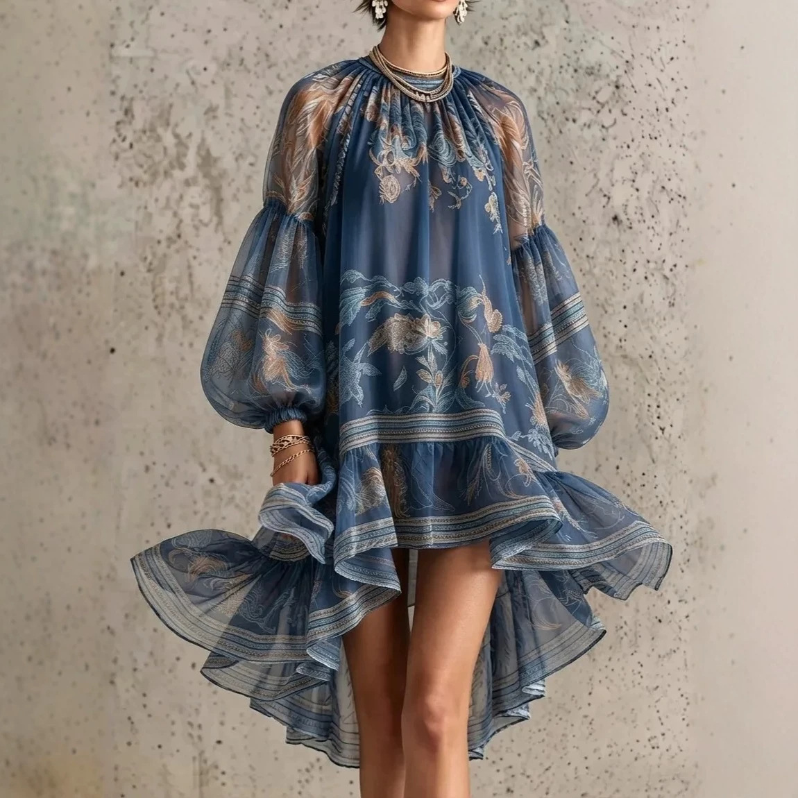 Retro Blue Phoenix Print Sheer Tulle Dress with Lantern Sleeves and Asymmetrical Ruffles