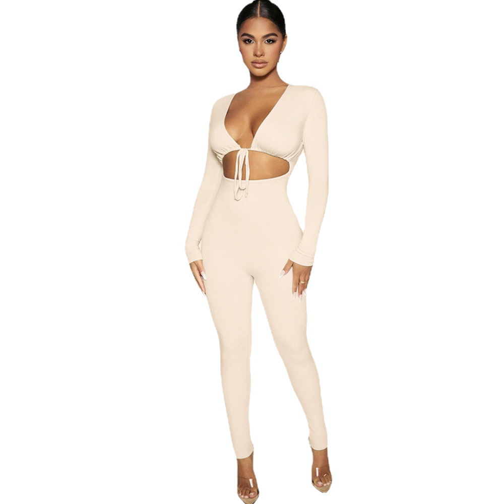 Women's Solid Color Lace-Up Cutout Long Sleeve Bodycon Jumpsuit