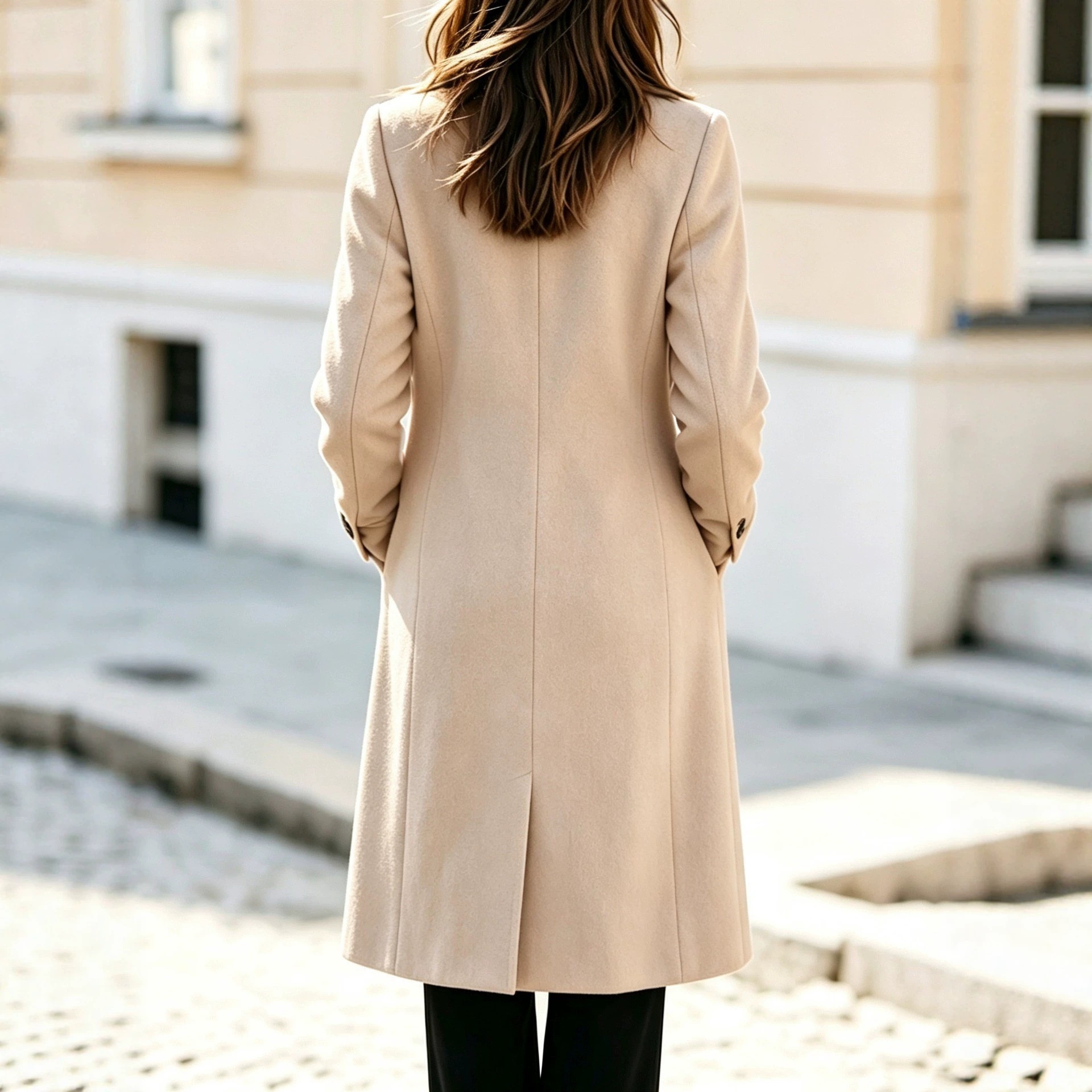Women's Double-Breasted Long-Sleeve Solid Wool Coat