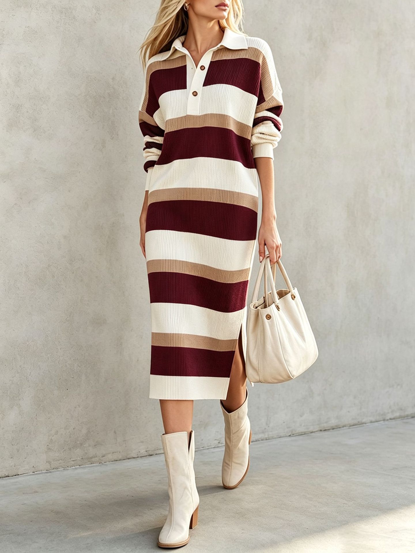 Striped Color-Block Polo Neck Midi Sweater Dress
