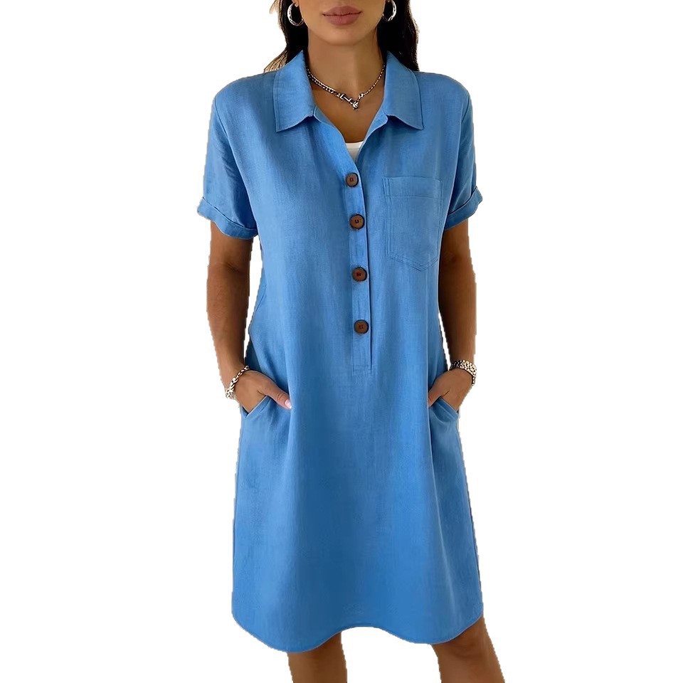 Women's Casual Button Cotton-Linen Short Sleeve Midi Dress