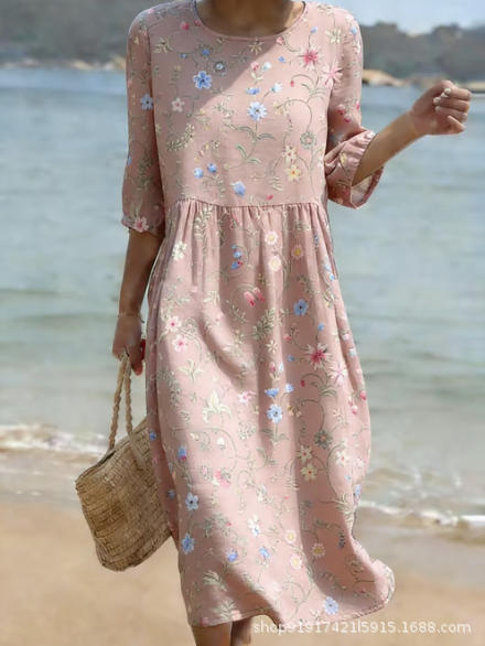 Women's Floral Print Ruched Midi Dress with Half Sleeves