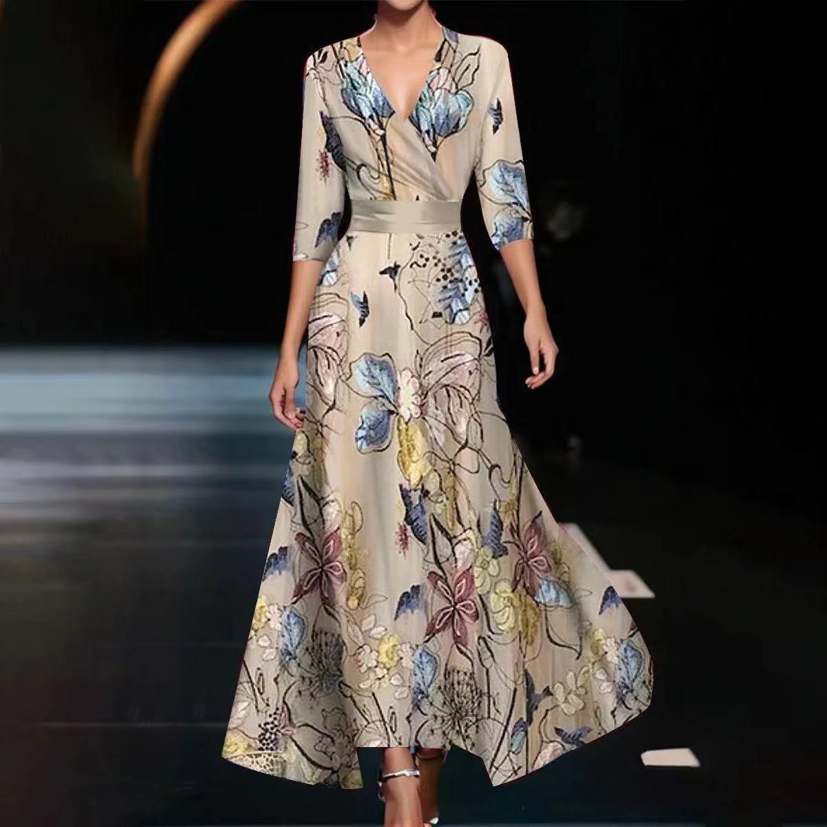 Women's Cross V-Neck 3/4 Sleeve A-Line Long Dress