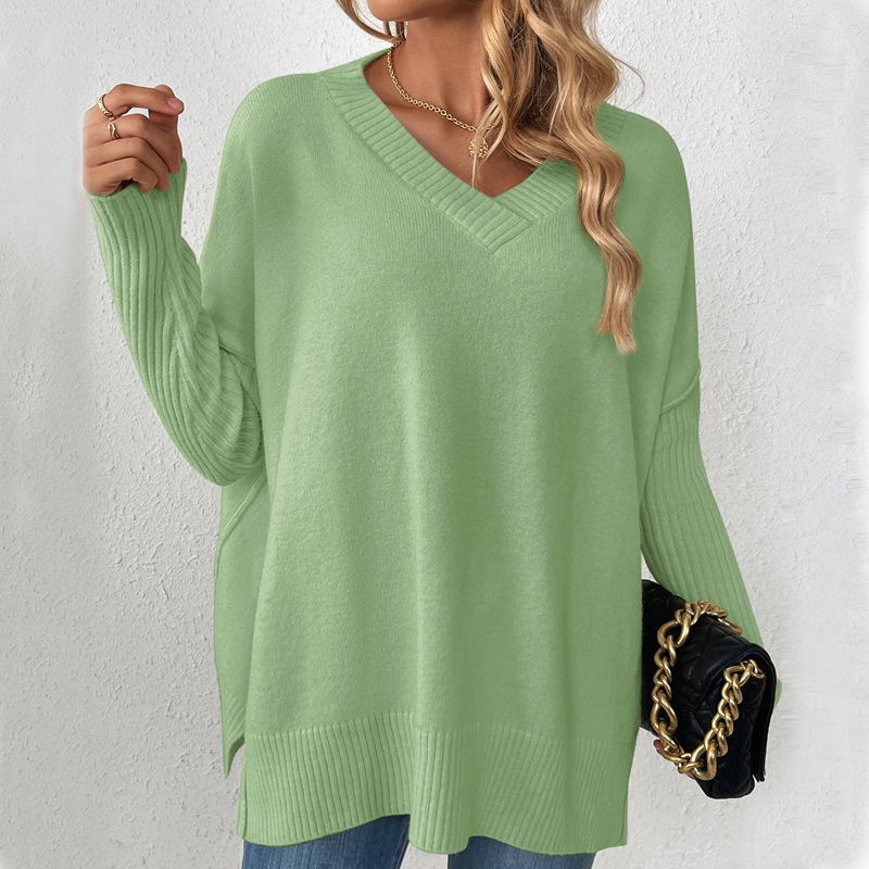 Women's V-Neck Pullover Sweater Lazy Style Patchwork Long Sleeve Knit Top