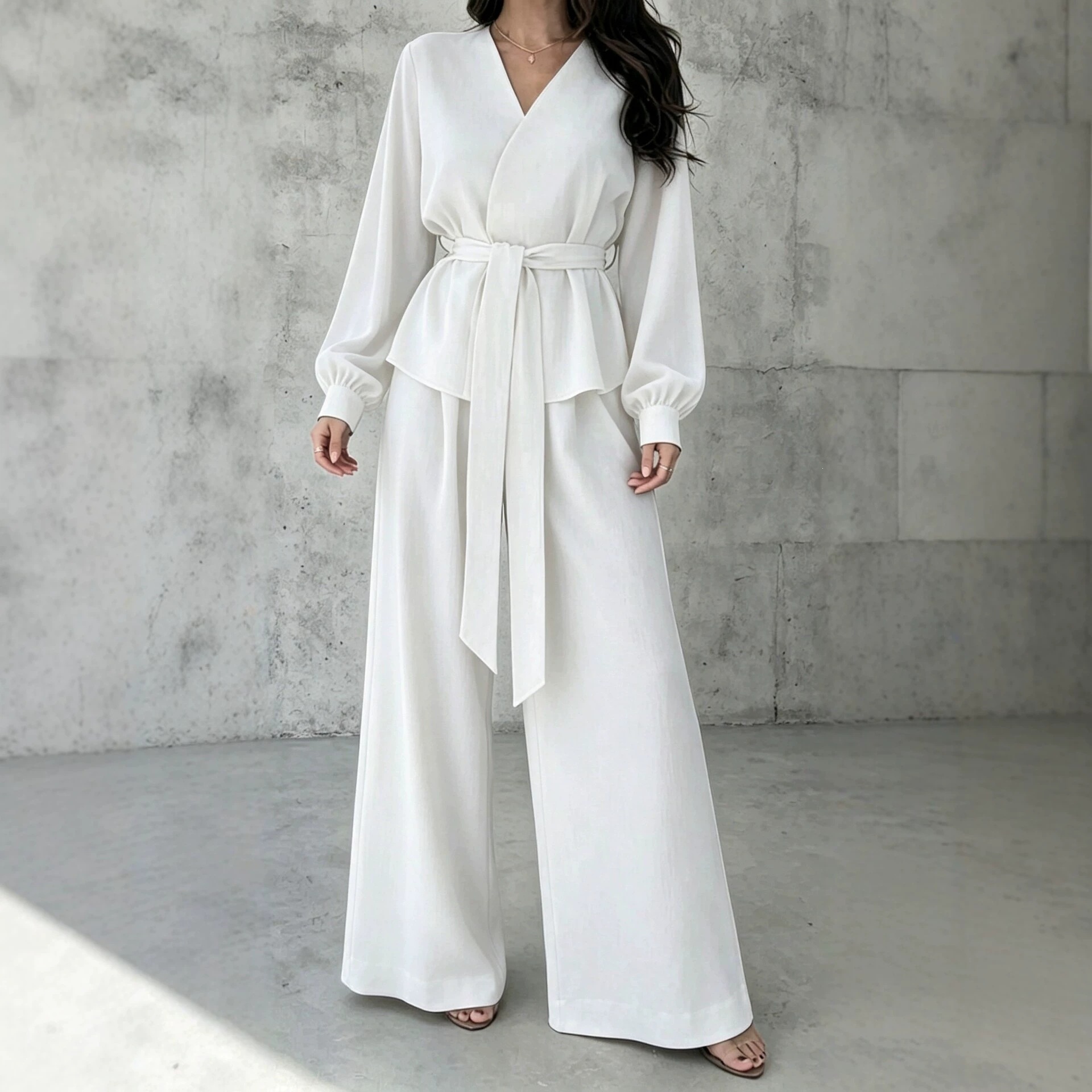 V-Neck Tie-Front Long-Sleeve Wide-Leg Two-Piece Set