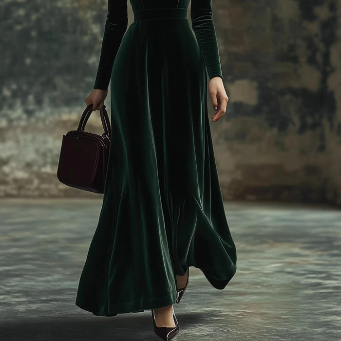 Solid Velvet Stand-Collar Bow Long-Sleeve Maxi Dress