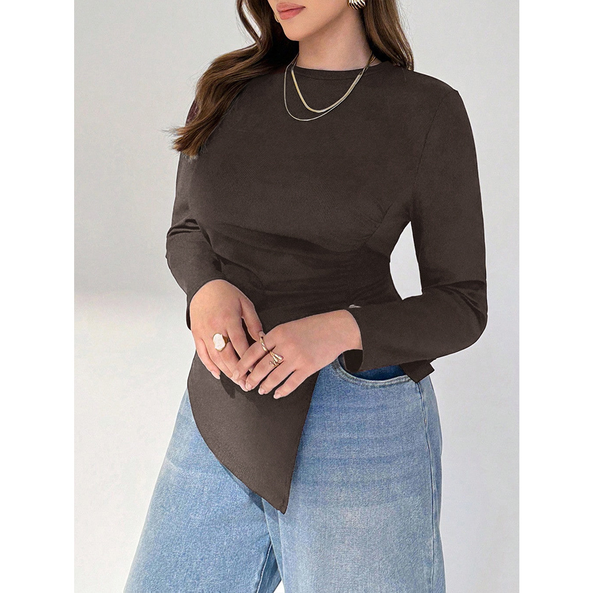 Plus Size Ribbed Long Sleeve Asymmetric Hem Fitted Tee