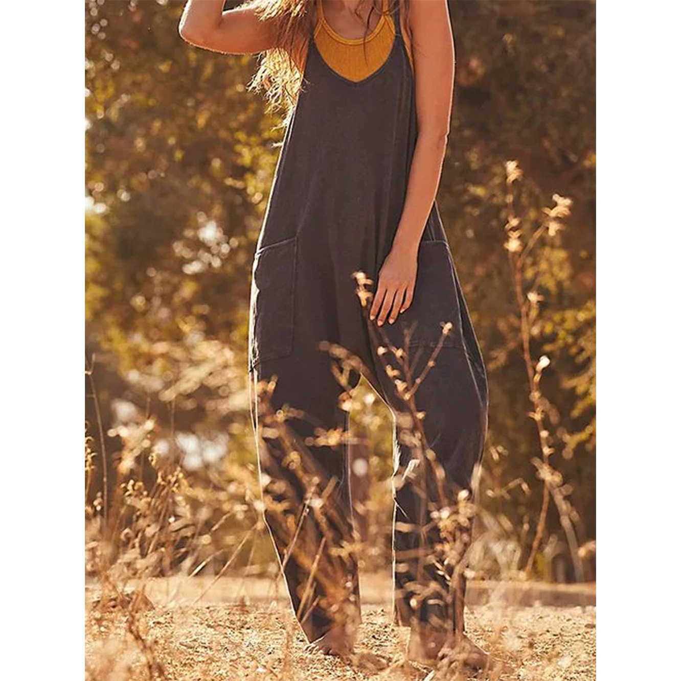 Women's Solid Color Zip Pocket Cami Jumpsuit with Wide Leg