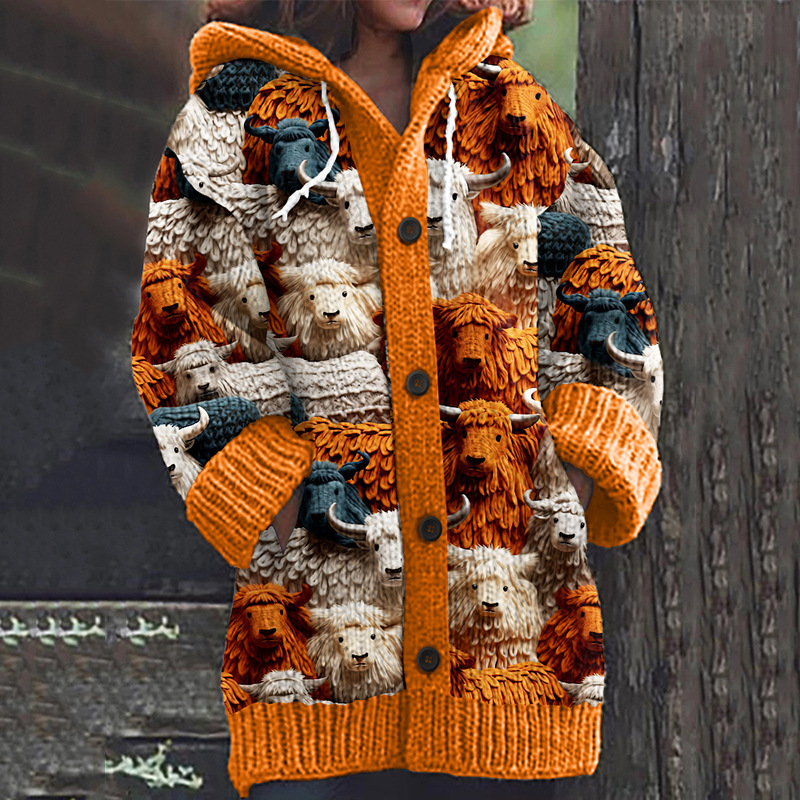 Women's Floral Puppy Rose Print Hooded Button Cardigan Sweater