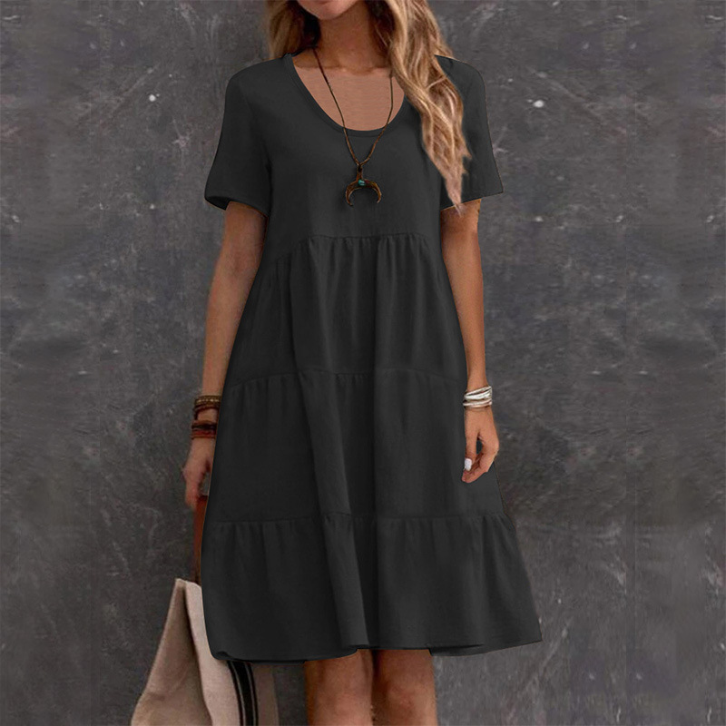 Women's Summer U-Neck Solid Color Flowy Short Dress