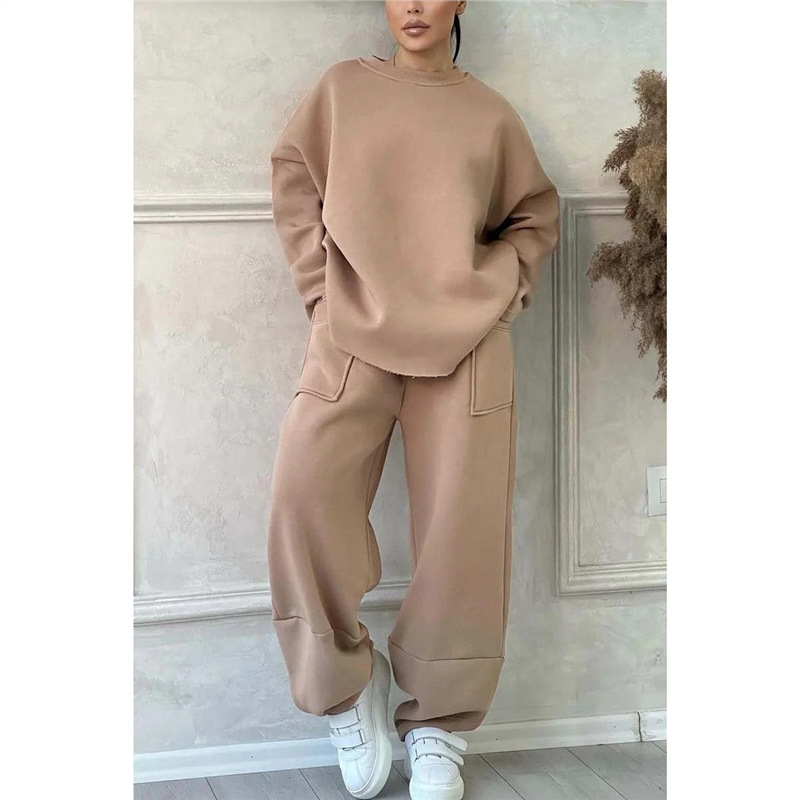 Solid Color Crewneck Long Sleeve Pocket Wide Leg Pants Loose Hoodie Two Piece Set
