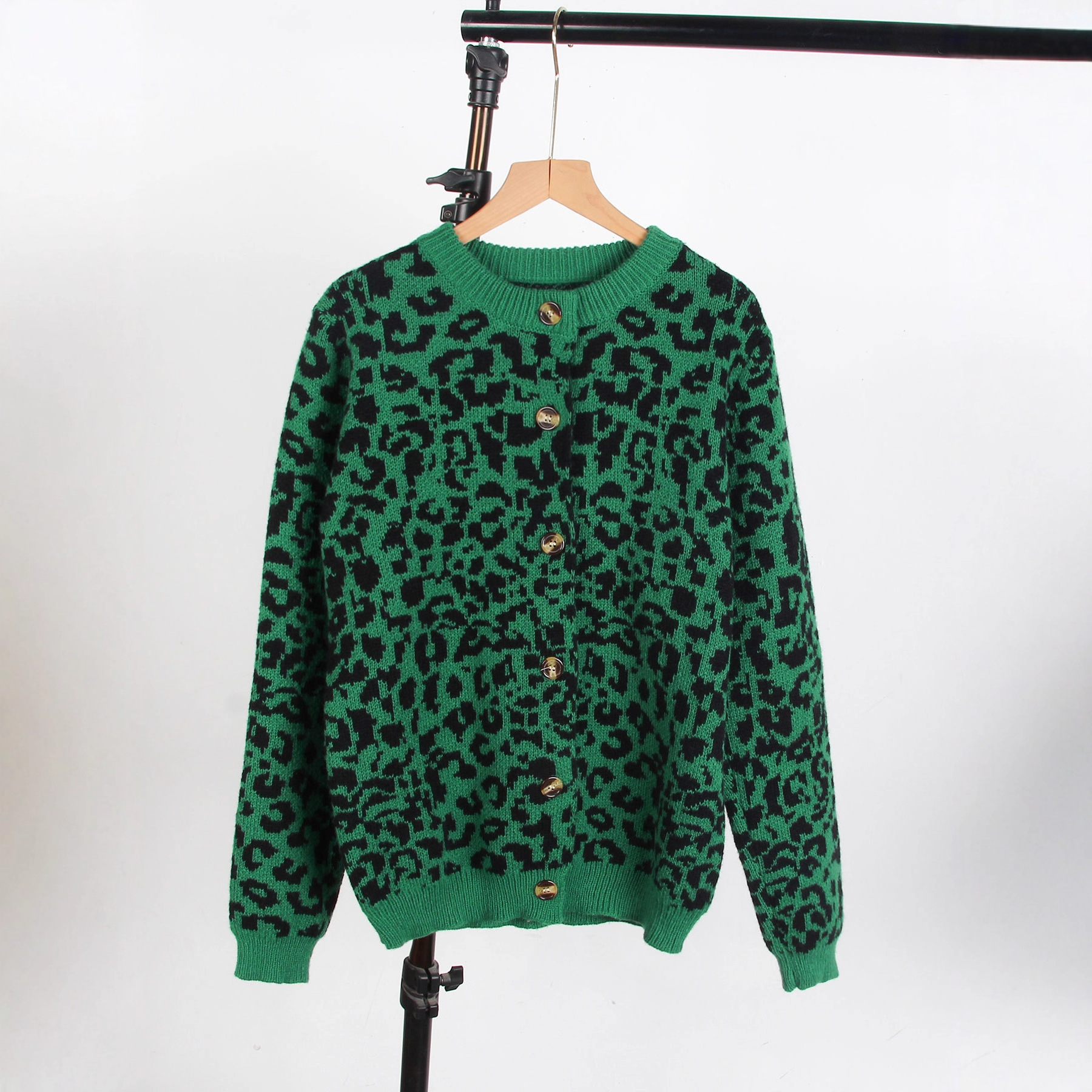 Women's Leopard Print Knit Cardigan Sweater Loose Crew Neck Long Sleeve