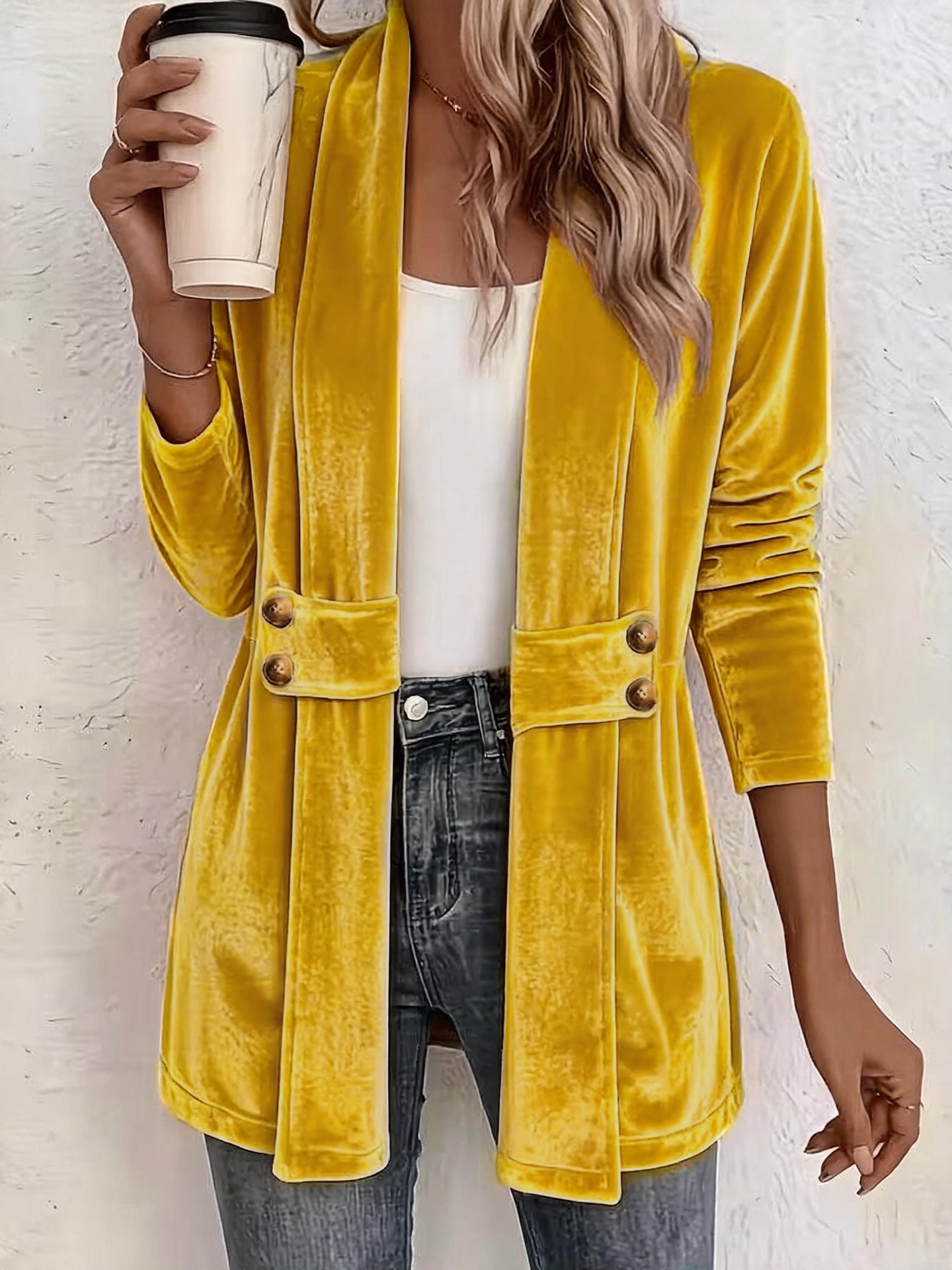 Women's Double-Breasted Velvet Cardigan Lazy Style Mid-Length Top