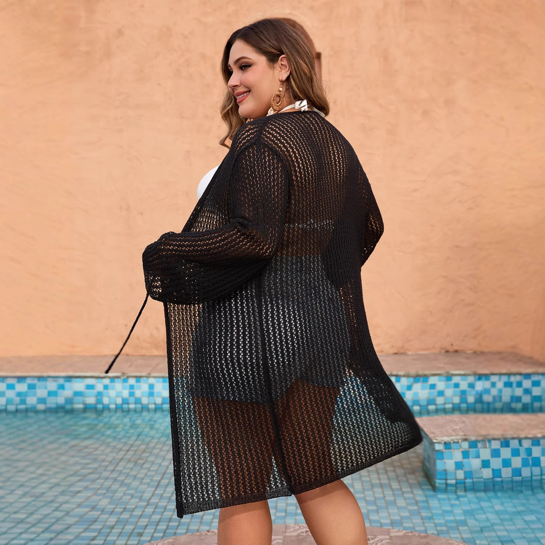 Plus Size Black Long Knit Cardigan Openwork Round Neck Long Sleeve