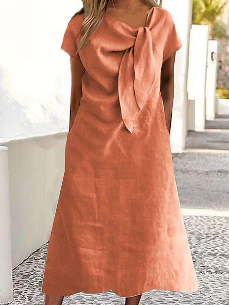 Women's Elegant Tie Print Midi Dress Short Sleeve Slim Fit