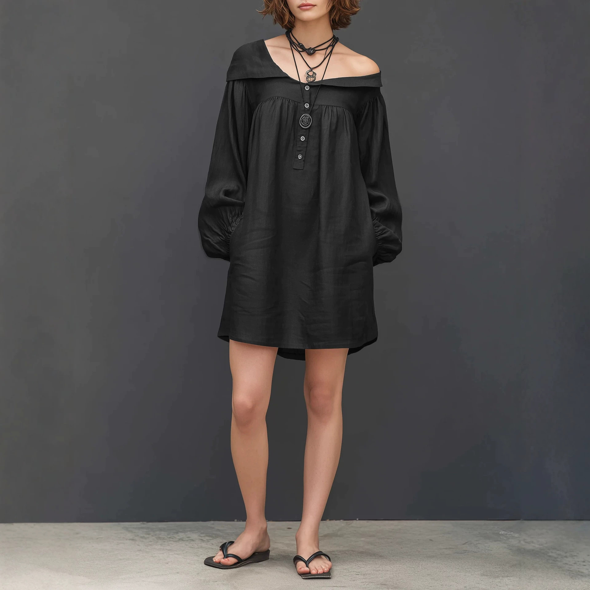 Women's Minimalist Long Sleeve Mini Dress with Asymmetric Neckline