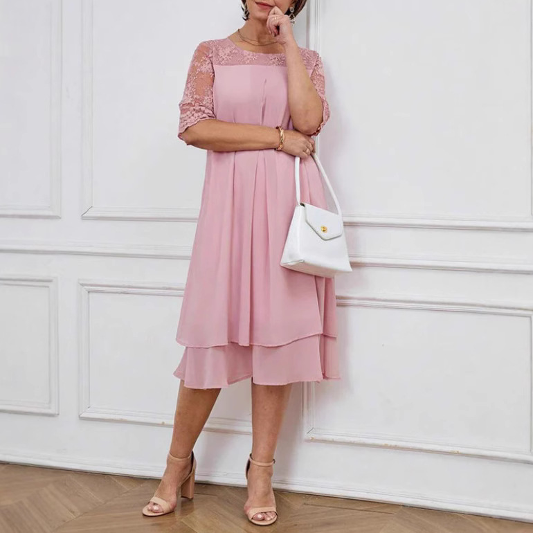 Elegant Solid Lace Half-Sleeve Round-Neck Midi Dress