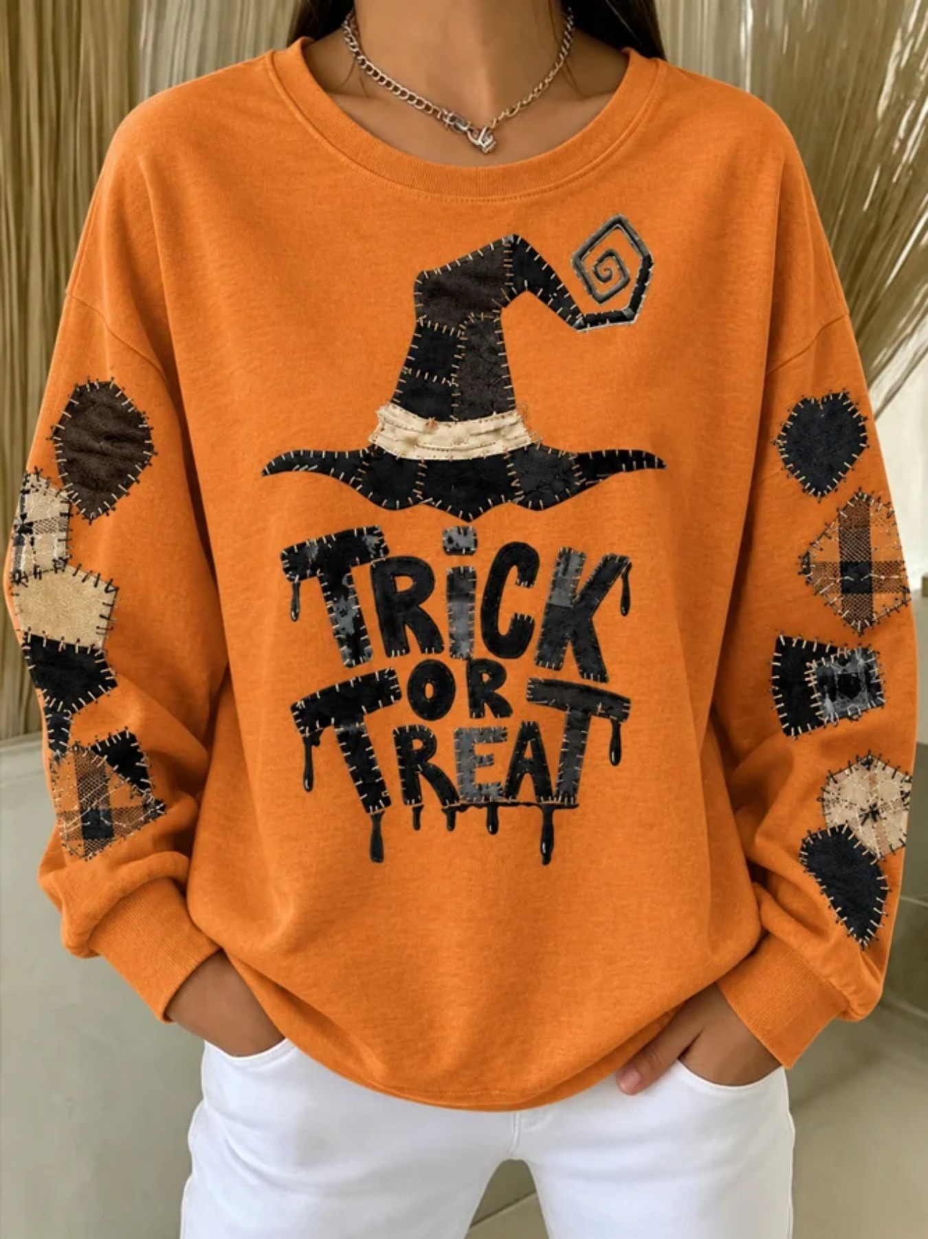 Halloween Witch Hat Letter Print Long Sleeve Pullover Sweatshirt