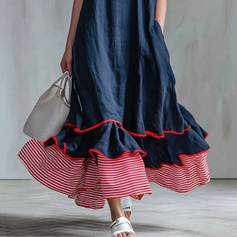 Navy Striped Linen-Blend Maxi Dress with Red Trim, Loose Round-Neck Short-Sleeve Flowy Vacation Dress
