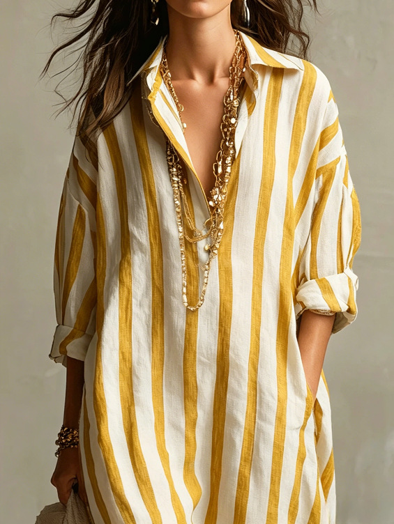 Women's Loose V-Neck Long Striped Print Shirt Dress