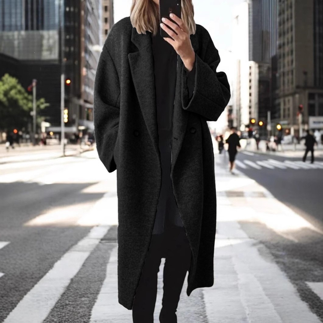 Women's Wool-Blend Long Trench Coat with Suit Collar, Loose Fit, Multi-Color