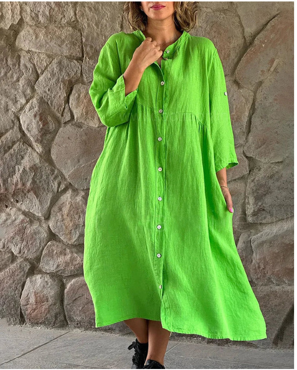 Women's Cotton Linen Solid Color Button Long Dress Casual Stand Collar