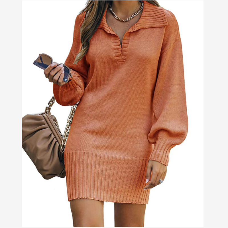 Women's Midi Sweater Dress with Collar and Lantern Sleeves