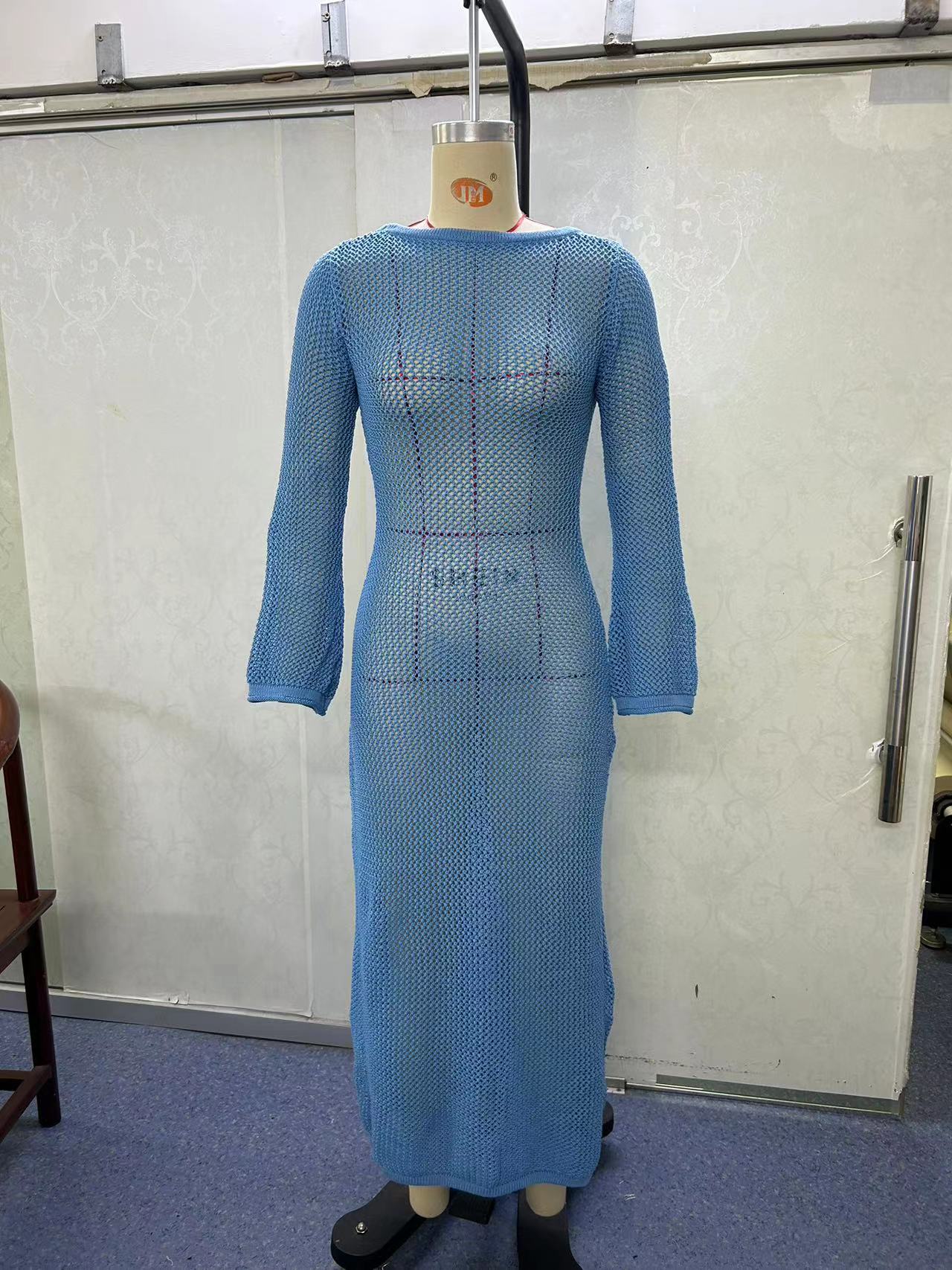 Women's Knit Long Sleeve Open Back Sheer Maxi Dress