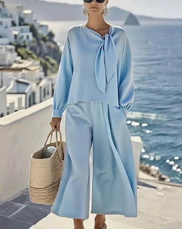 Women's Solid Color Long Sleeve Top and Pants Two-Piece Set